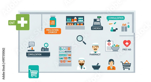 Pharmacy Icons Representing Healthcare Services and Products.