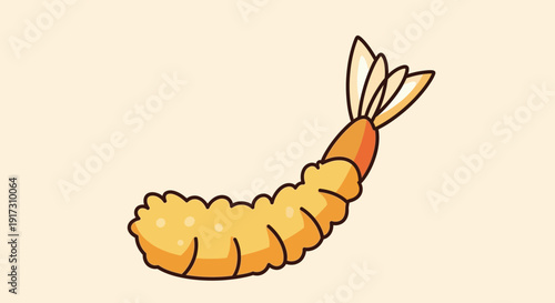 Crispy cartoon tempura shrimp illustration on beige background perfect for culinary design