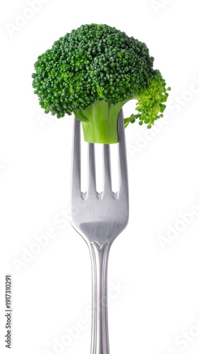 Wallpaper Mural Close-up studio shot of vibrant green broccoli florets impaled on a shiny silver fork, isolated on a white background Torontodigital.ca