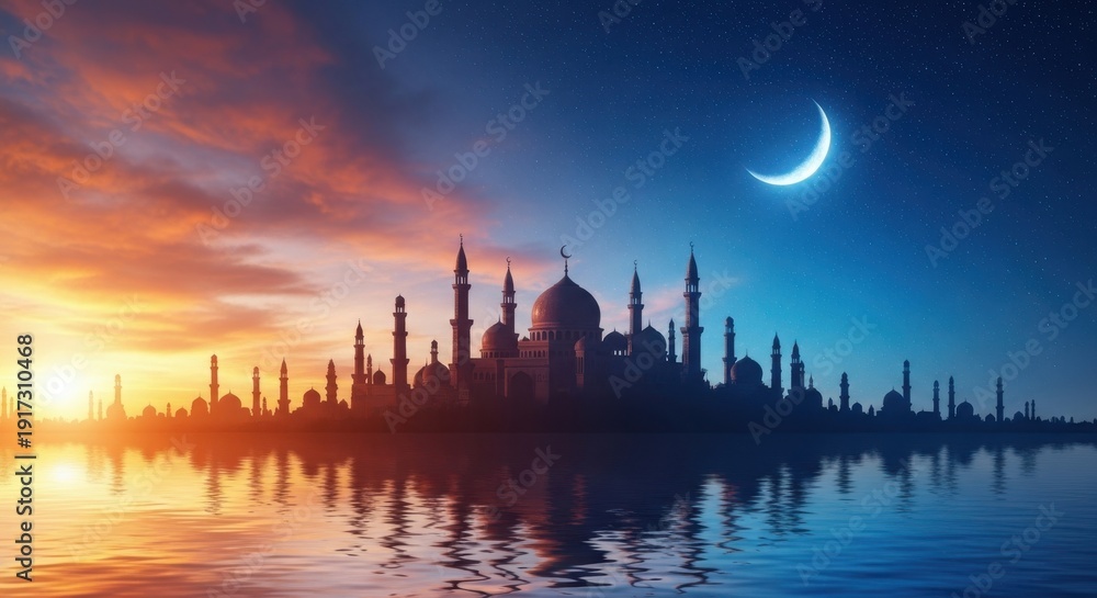 Naklejka premium Stunning Ramadan mosque skyline at sunset over water with crescent moon and vibrant sky