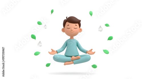 cartoon illustration of a cute boy meditating in lotus pose, floating with green leaves and water drops around, isolated on white background.