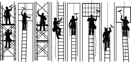 Professional Window Cleaners Silhouettes Working on High-Rise Buildings with Scaffolding and Ladders.