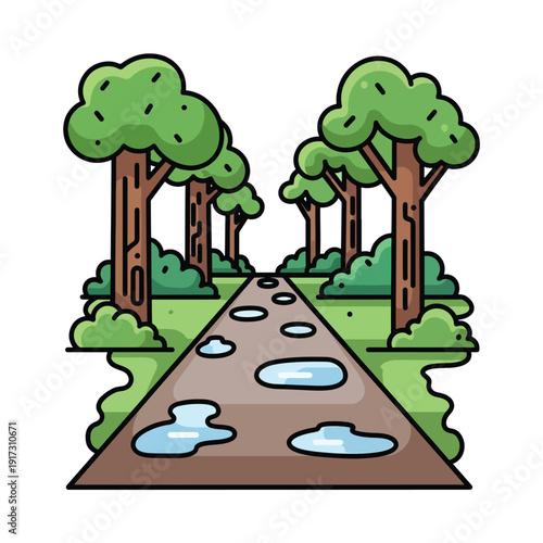 A serene forest path with puddles and trees viewed from a gentle slope