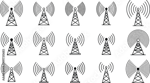 Set of black silhouette radio tower icons with signal waves antenna broadcast telecommunication wireless communication vector illustrations collection
