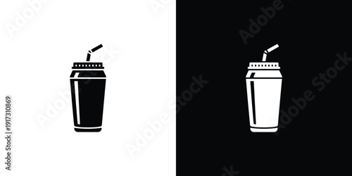 Black and white disposable cups with straws drink