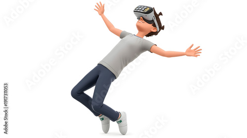 illustration of a teenage boy wearing a virtual reality headset, floating with arms open in an immersive digital experience, isolated on a white background.
