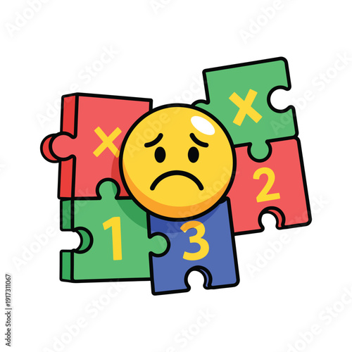A puzzled face represented by a frowning emoticon amidst numbered puzzle pieces