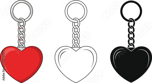 Heart keychain illustration set, colored red version, line drawing, silhouette style, love symbol design concept, romantic vector artwork collection for gift themes