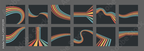 Stripe rainbow groovy. Set of Retro geometric backdrops with playful arches on dark. Artistic prints or interior design projects. Vintage vector illustration.