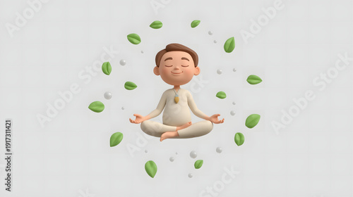 cartoon illustration of a cute boy meditating in lotus pose, floating with green leaves and water drops around, isolated on white background.