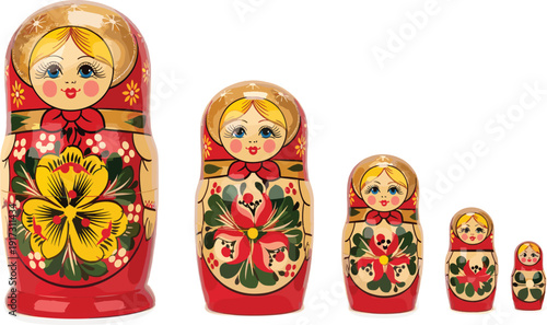 Russian nesting doll illustration set, Matryoshka design, traditional folk art motif, cultural heritage artwork concept, antique vector collection for family and unity themes