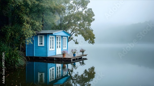 Blue Boathouse on a Misty Lake with Forest Reflection.