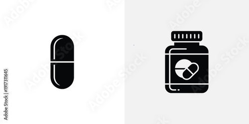 Black and white of a capsule and a pill bottle