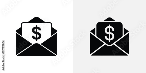 Black and white of envelopes with sign bills dollar sign
