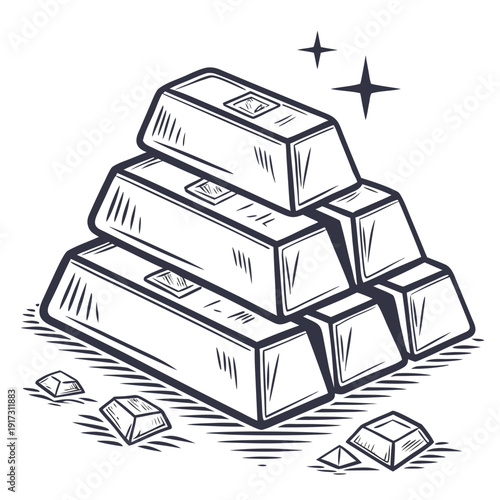 Stacked silver bars with scattered nuggets and sparkles