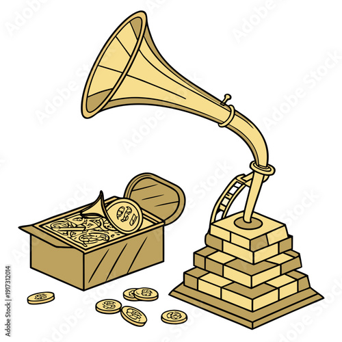 Golden gramophone on gold bars with treasure chest