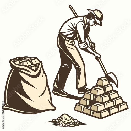 Man collecting gold bars with shovel and sack mining