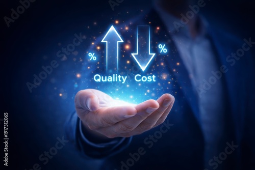 Businessman presenting cost versus quality concept with hand and glowing arrows  financial analysis and strategy JPG image