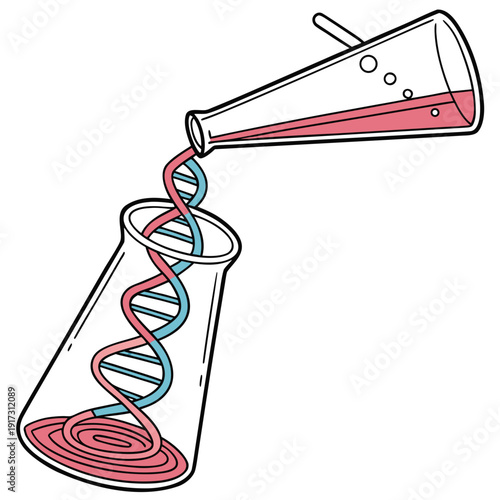 Laboratory test tube with D N A strands and beaker pouring red liquid