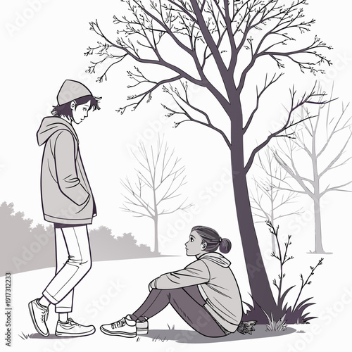 Monochromatic of two teenagers talking under bare tree