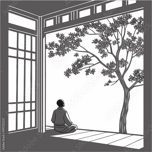 Man sitting cross-legged on floor looking out window at tree