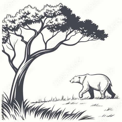 Monochrome of polar bear walking under tree grass peaceful