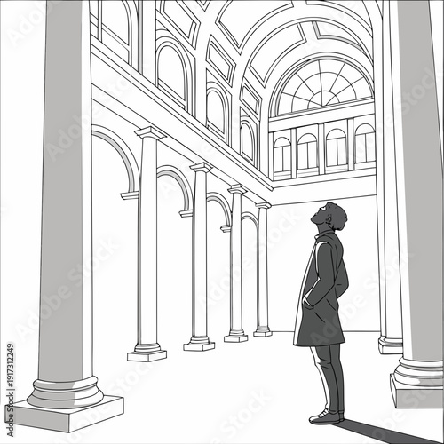 Grayscale of a man in a long coat standing in a large architectural hall with columns