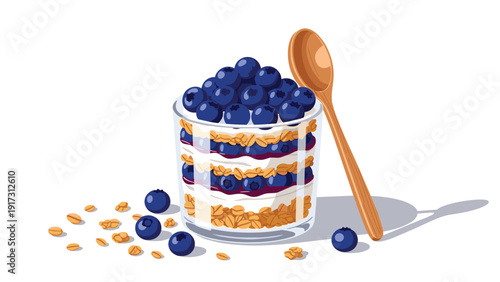 Tall glass of blueberry yogurt parfait with delicious layers of granola and white cream topped with fresh blueberries.