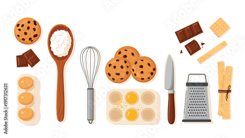 Flat lay of baking essentials including flour, eggs, chocolate, cookies, a whisk, a grater, and a professional knife.