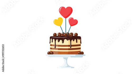 Chocolate layer cake with dripping glaze and chocolate balls topped with three colorful heart shaped cake toppers.