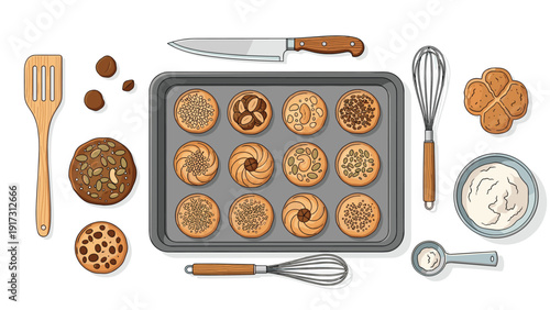 Baking tray filled with freshly baked assorted cookies surrounded by kitchen tools and ingredients on a white background.