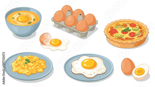 Variety of prepared egg dishes including a quiche, scrambled eggs, fried eggs, and a bowl of soup with fresh eggs.