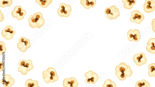 Scattered pieces of fluffy popped popcorn forming a frame around a central white copy space area for your text.