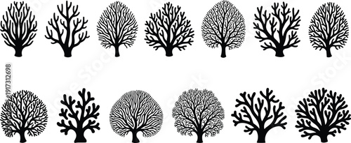 Black coral reef silhouettes set isolated on white background, underwater marine life branches vector illustration collection