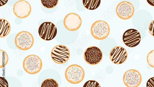 Seamless pattern of various round cookies with chocolate, sprinkles, and icing on a warm light blue background.