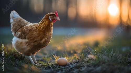 Brown hen standing next to a freshly laid egg on green grass at sunset.