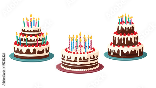 Collection of three-tiered chocolate celebration cakes decorated with white frosting and topped with colorful lit candles.