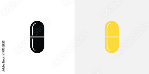 Black and yellow capsule pills on white background