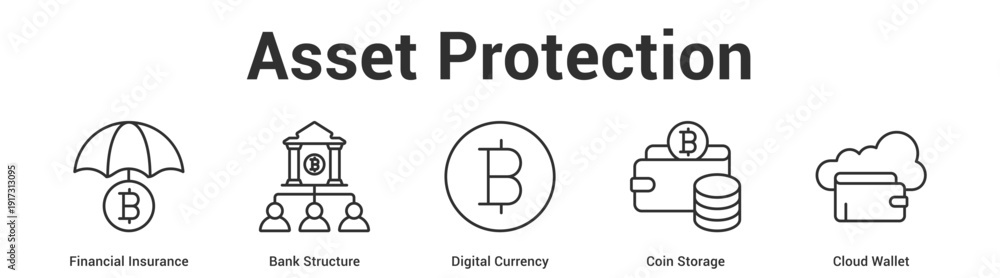 Obraz premium Asset Protection web banner icon set vector illustration concept for business with icon of Financial Insurance, Bank Structure, Digital Currency, Coin Stora.