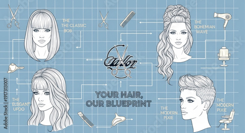 Stylized illustrations of diverse hairstyles and hair care tools.