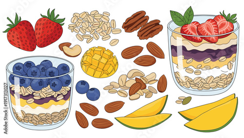 Components for a berry and mango breakfast bowl including oats nuts and fresh fruits arranged around glass serving cups.