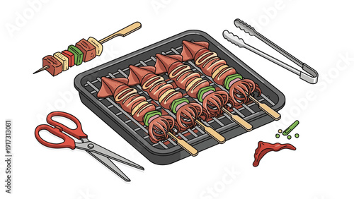 Delicious grilled squid skewers on a tray with cooking tools like tongs and scissors for an outdoor seafood barbecue.