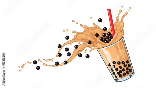Dynamic splash of milk tea with black tapioca pearls bursting from a glass cup showing the fun side of bubble tea drinks.