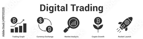Digital Trading web banner icon set vector illustration concept for business with icon of Trading Graph, Currency Exchange, Market Analysis, Crypto Grow.