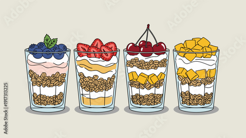 Four glasses of nutritious fruit parfaits with layers of granola yogurt and topped with berries cherries and mango.