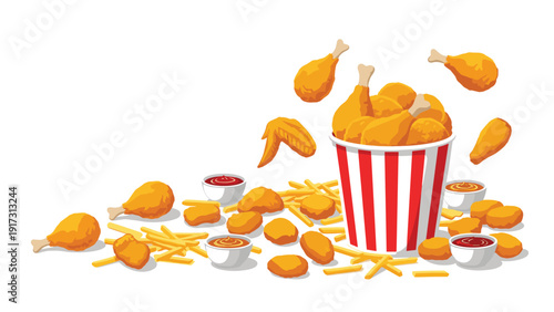 Large bucket of crispy fried chicken with nuggets and french fries scattered around on a clean white background.