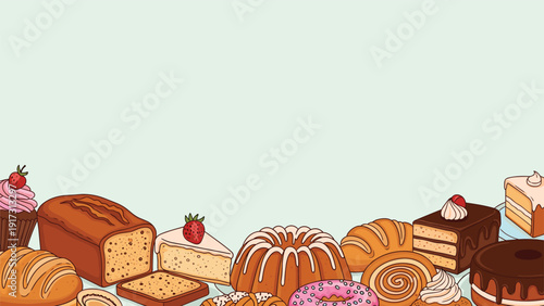 Assorted delicious bakery items including bread loaves, cupcakes, donuts, and cake slices are arranged along bottom of light green background.