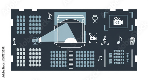 Illustration of a theater layout with seats and stage.
