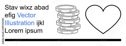 Financial growth, charity, love, minimalism, monetary value, and design aesthetics. Stack of coins next to a heart symbol with text. Financial growth and charity concepts