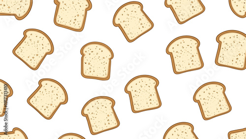 Simple repeating pattern shows many slices of white bread with crusts scattered randomly across bright white background in whimsical style.